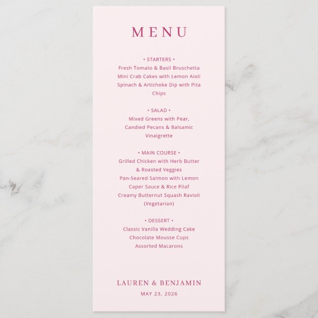 Sophisticated Pink Serif Wedding Menu (Frente)