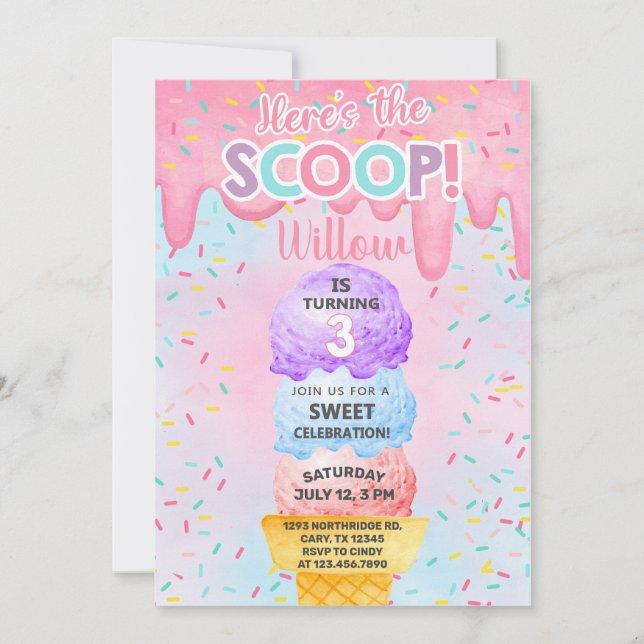 Sorvete aqui está o convite do aniversário de 3 an (Frente)