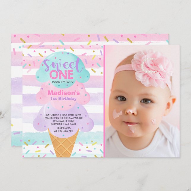 Sorvete Convite Sweet One primeiro aniversario (Frente/Verso)