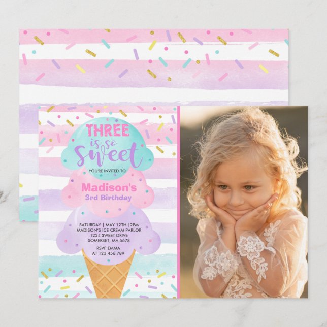 Sorvete Convite Três É aniversário de 3 anos Doce (Frente/Verso)