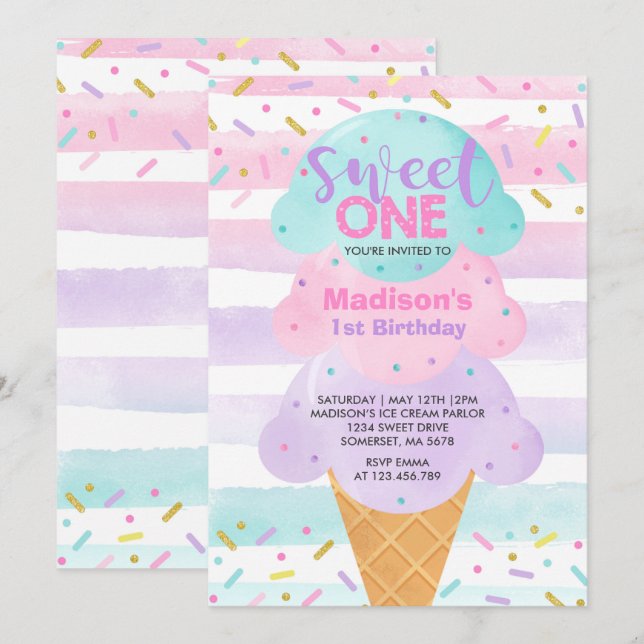 Sorvete Convite Um primeiro aniversario Doce (Frente/Verso)