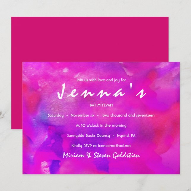 Sou FUSHIA WATERCOLOR Bat Mitzvah Convite (Frente/Verso)
