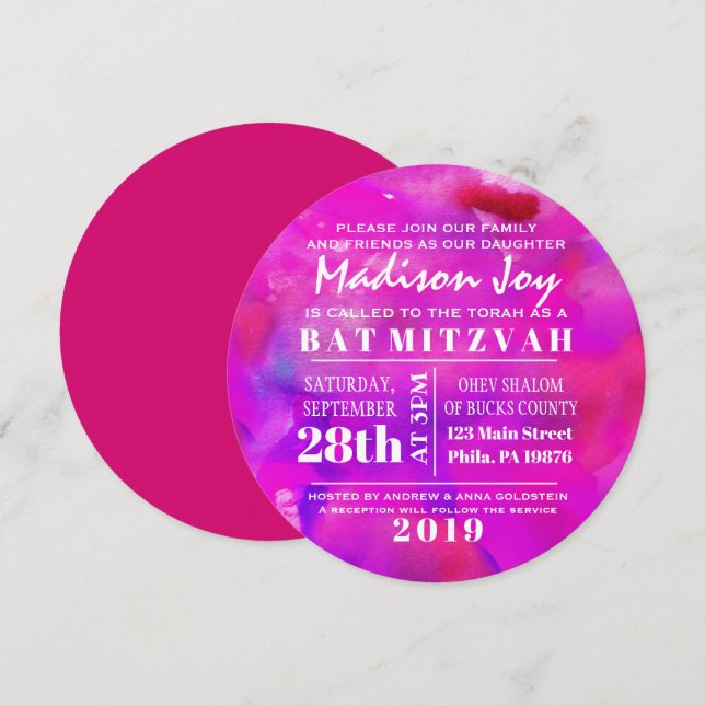 Sou FUSHIA WATERCOLOR Bat Mitzvah Convite (Frente/Verso)