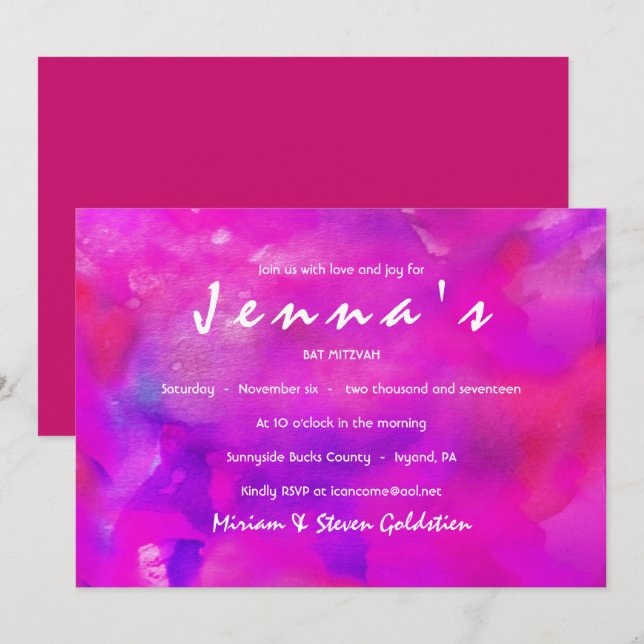 Sou FUSHIA WATERCOLOR Bat Mitzvah Convite (Frente/Verso)