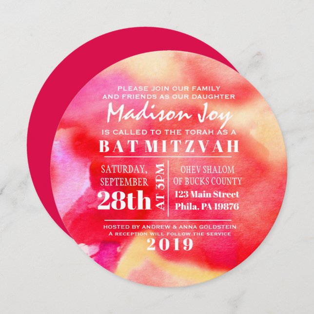 Sou Red WATERCOLOR Bat Mitzvah Convite (Frente/Verso)