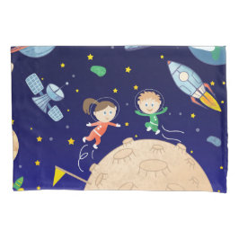 Space kids moon landing spaceship satellite stars 
