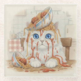 Spaghetti Kitty, White, Glass Coaster