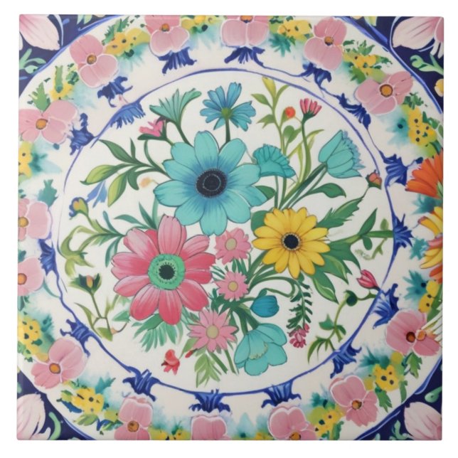 Spanish Colorful Vibrant Flowers Pink Blue Floral (Frente)