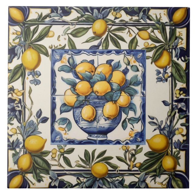 Spanish Lemons in Vase Pot Blue & White (Frente)