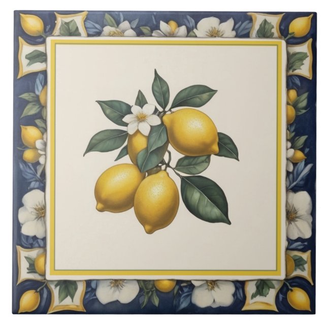 Spanish Lemons on Branch Lemon Leaves Blue & White (Frente)