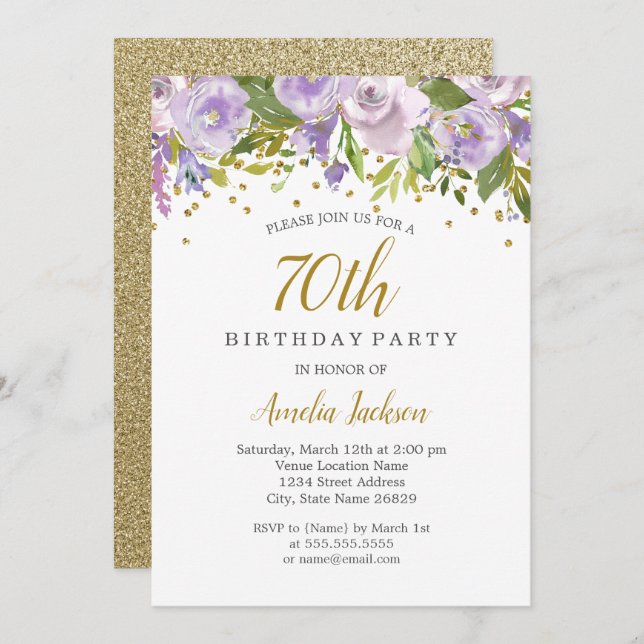 Sparkle Floral Purple 70 Birthday Convite (Frente/Verso)