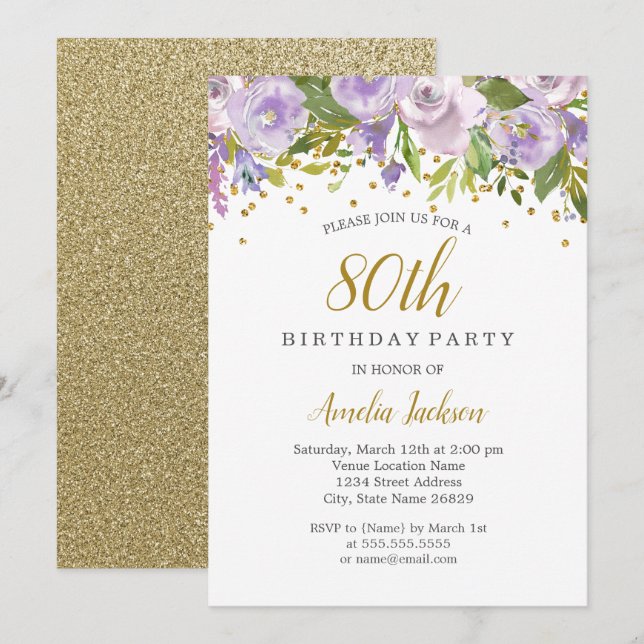 Sparkle Floral Purple 80 Birthday Convite (Frente/Verso)