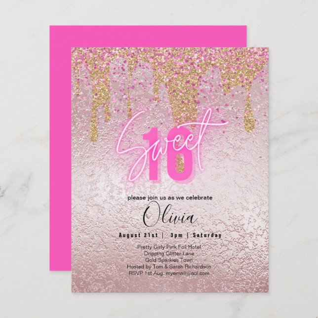 Sparkles Sweet16 Bonito Girly Pink 16th Birthday (Frente/Verso)