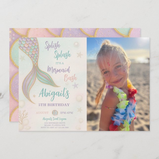 Splish Splash Smermaid Aniversário Foto Convite (Frente/Verso)