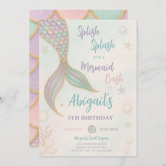 Splish Splash Smermaid Convite de Aniversário (Frente/Verso)