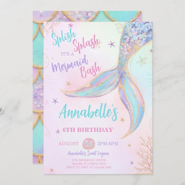 Splish Splash Smermaid Convite de Aniversário (Frente/Verso)