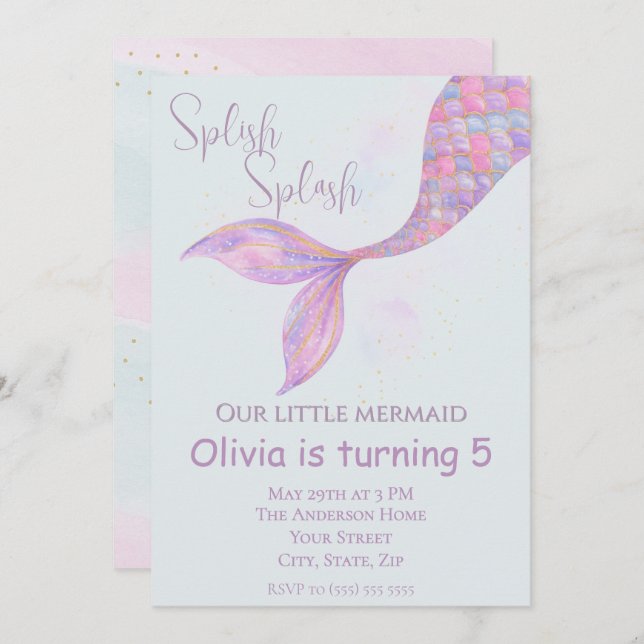 Splish Splash Smermaid Convite de Aniversário (Frente/Verso)