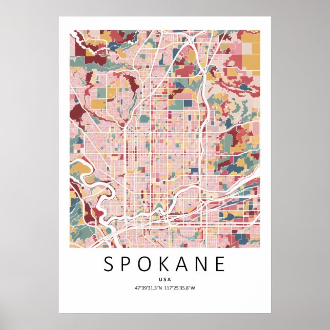 Spokane Washington Mapa Poster | Arte de Parede de (Frente)