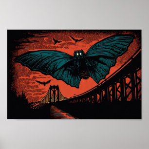 Spooky Mothman e Bridge Woodcut Art Impressão