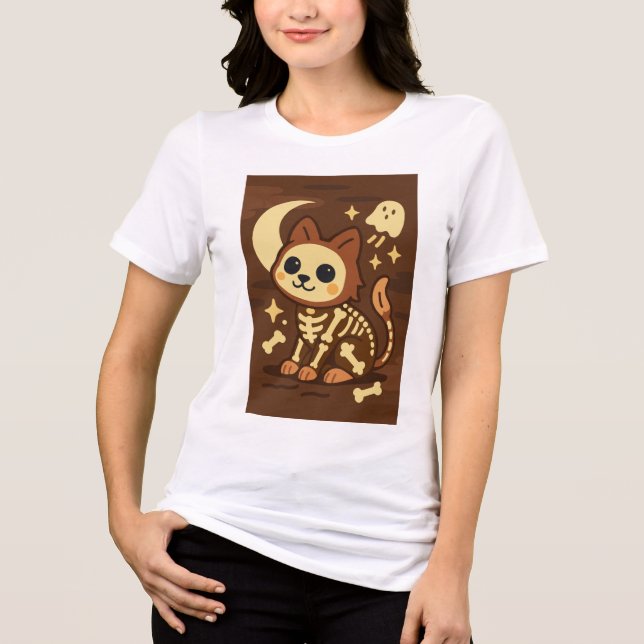 Spooky Skeleton Cat and Ghost T-Shirt (Frente)