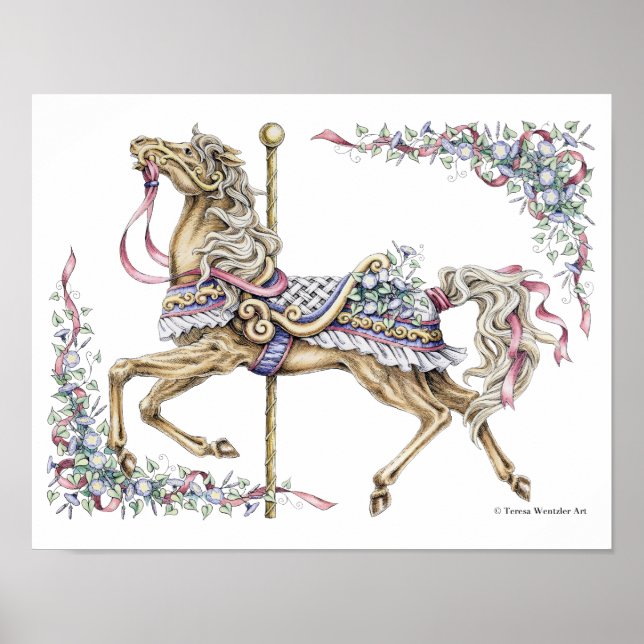 Spring Carousel Horse Pen and Ink Drawing Poster (Frente)