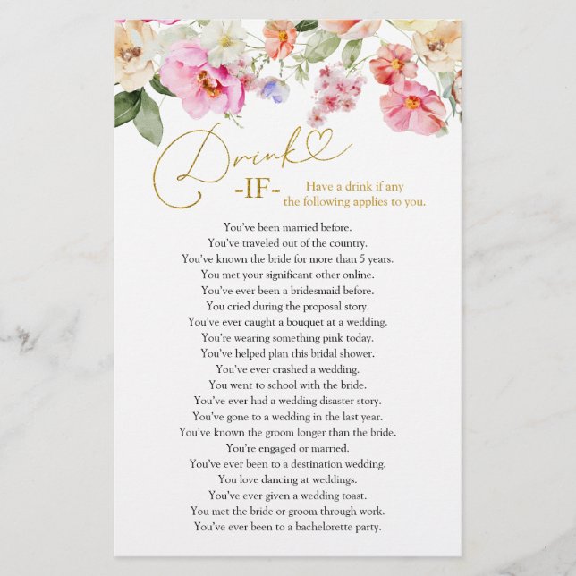 Spring Floral Bridal Shower Drink If Game Cards (Frente)