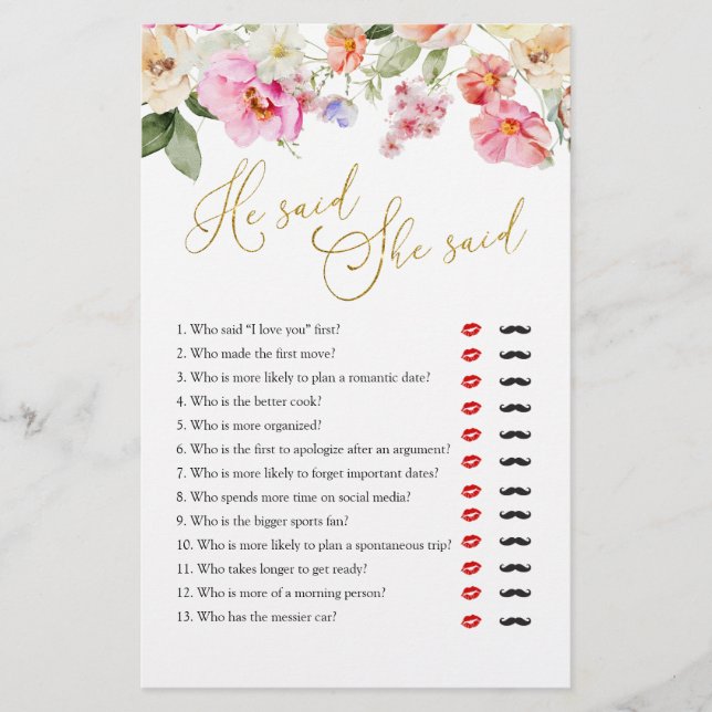Spring Floral Bridal Shower He Said She Said Game (Frente)