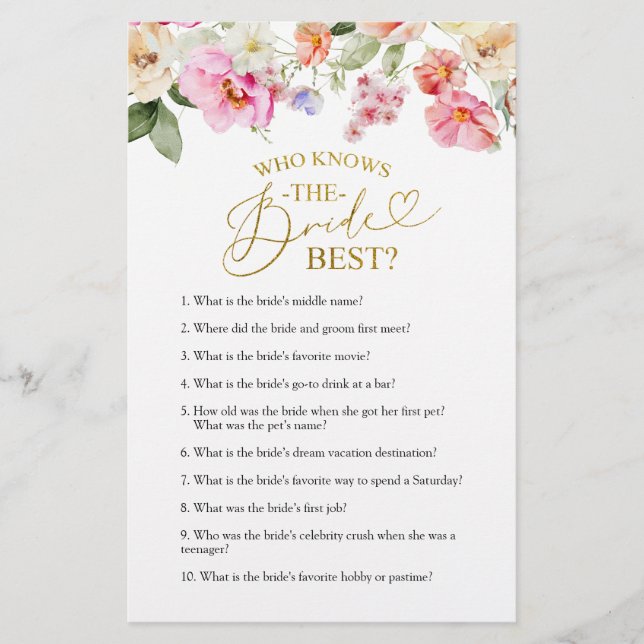 Spring Floral Bridal Shower Knows The Bride Game  (Frente)