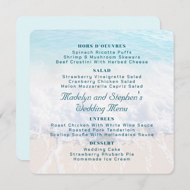 Square Beach Background Wedding Menu Template (Frente/Verso)