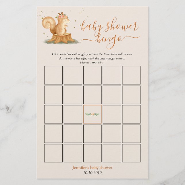 Squirrel Woodland Animals Baby Shower Bingo Game (Frente)