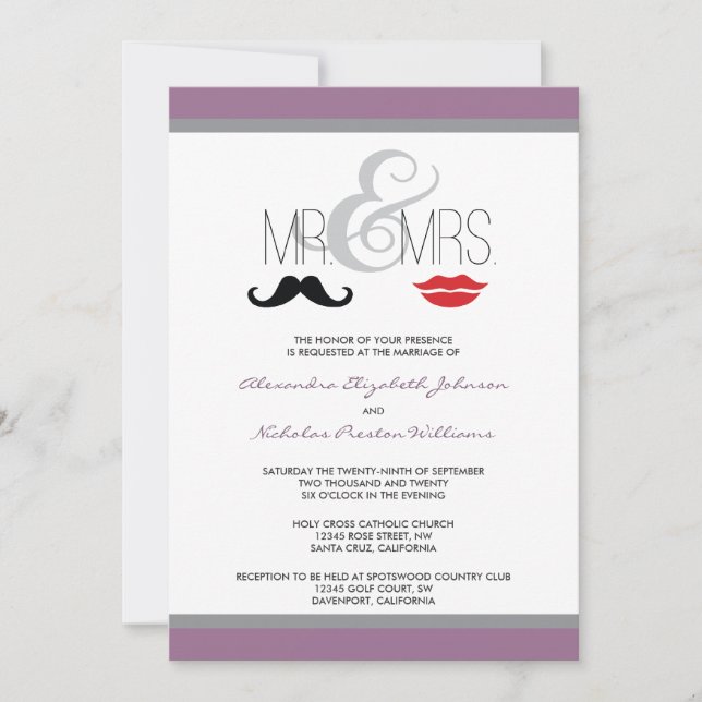 Sr. Convite para Casamento da Sra. Mustache & Lips (Frente)