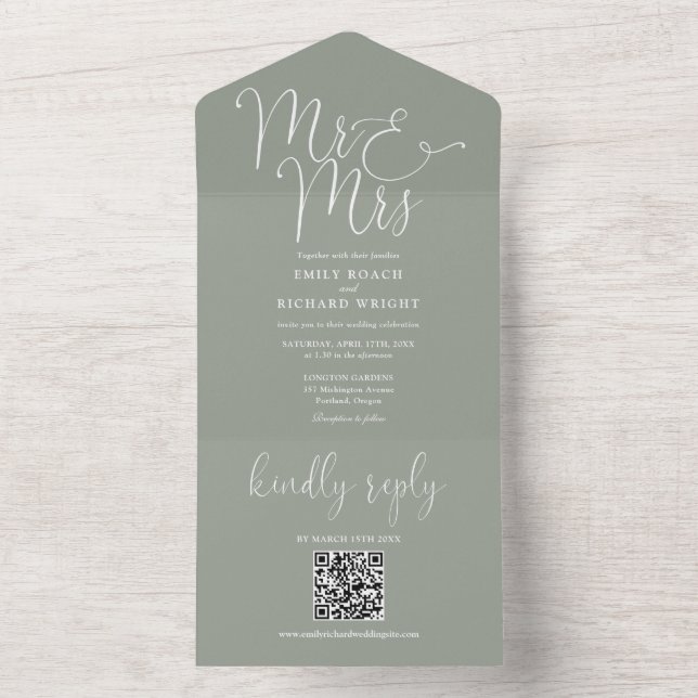 Sr e Sra Código QR de Casamento Verde Sage Moderno (Interno)