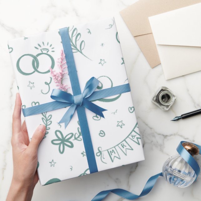 Sr e sra cute doodles papel de embrulho em sage (Presentear)
