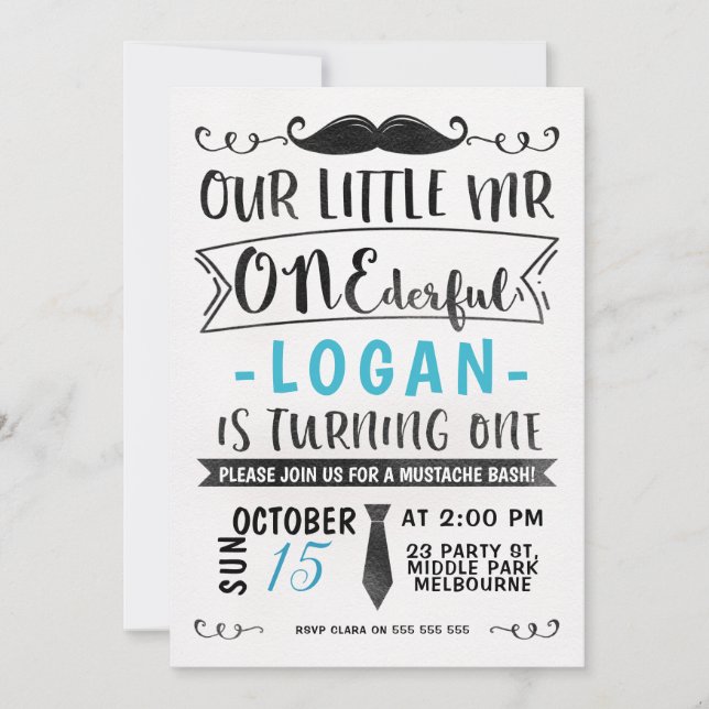 Sr. ONE-derful Aniversário Convite do preto azul (Frente)