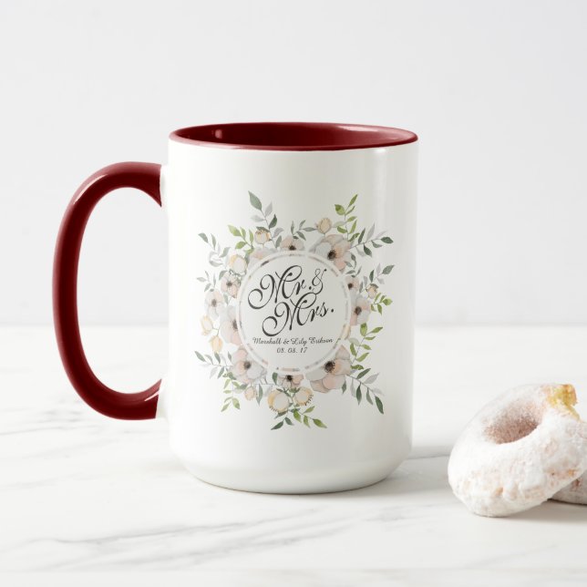 Sr. & Sra. Aguarela Casamento Combinado Caneca (Com Donut)