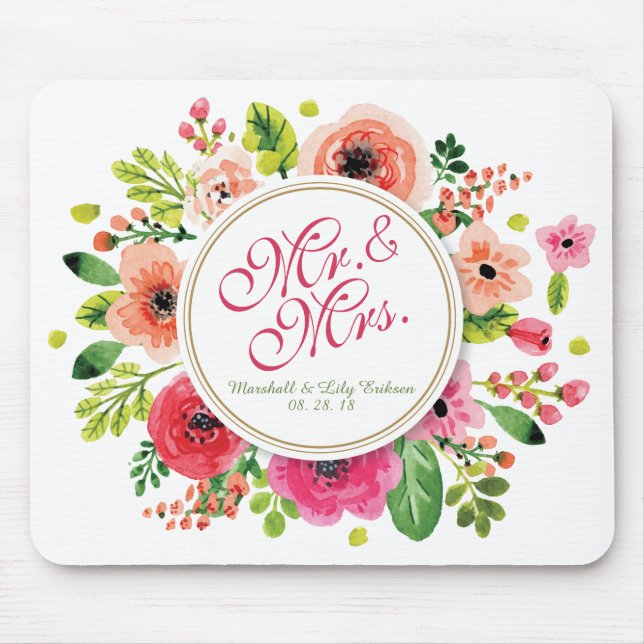Sr. & Sra. Floral Aguarela Casamento | Mousepad (Frente)