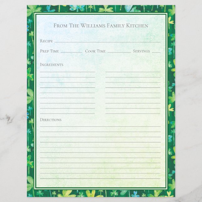 St. Patrick's Shamrocks Green Recipe Paper Sheet (Frente)
