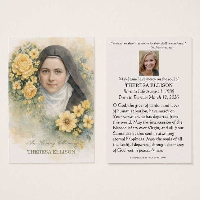 St. Therese Yellow Floral Funeral Prayer Memorial  (Frente & Verso)