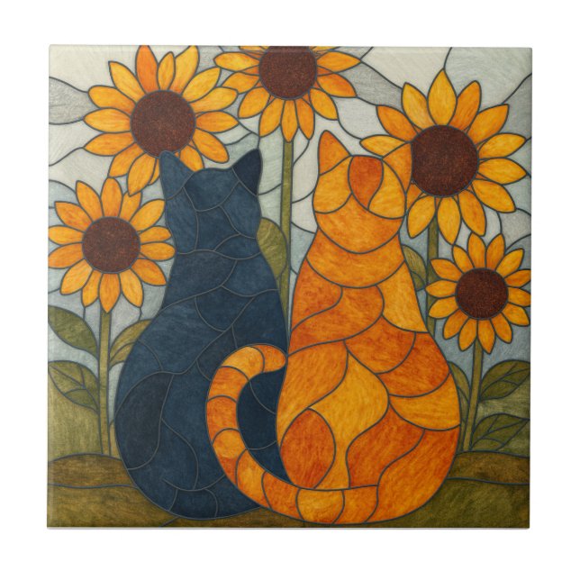 Stained Glass Cats and Sunflowers Art Design (Frente)