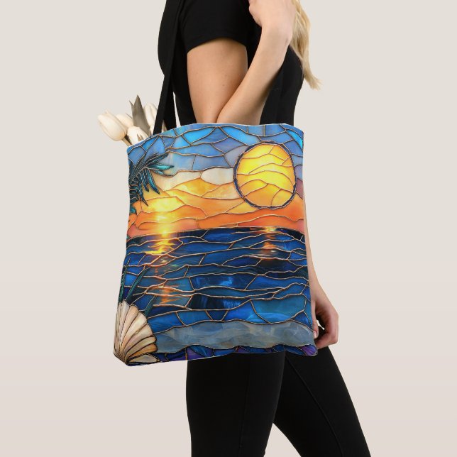 Stained Glass Coastal Sunset Tote Bag (Close Up)