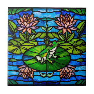 Stained Glass Green Frog and Water Lily Flowers 