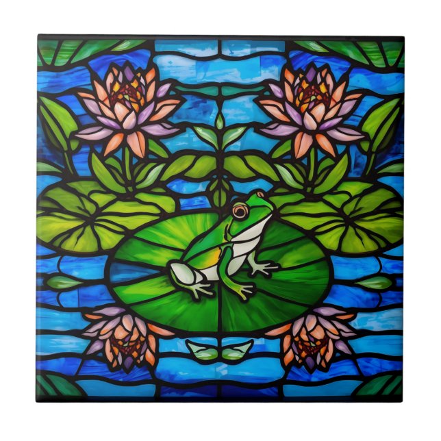 Stained Glass Green Frog and Water Lily Flowers  (Frente)