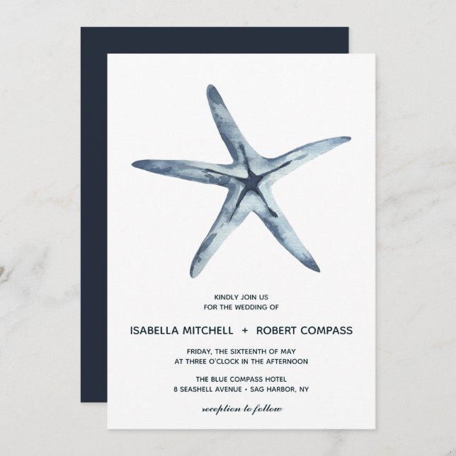 Starfish Azul | Convite Para Casamento (Frente/Verso)