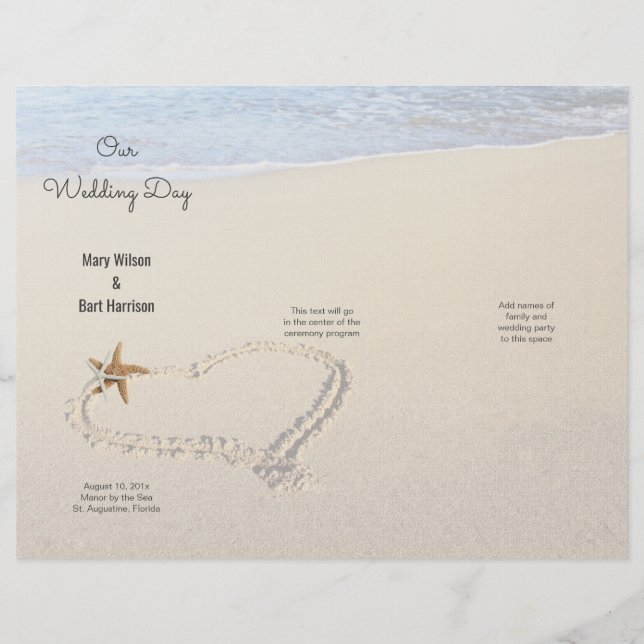 Starfish Heart em Sand Beach Wedding Program (Frente)