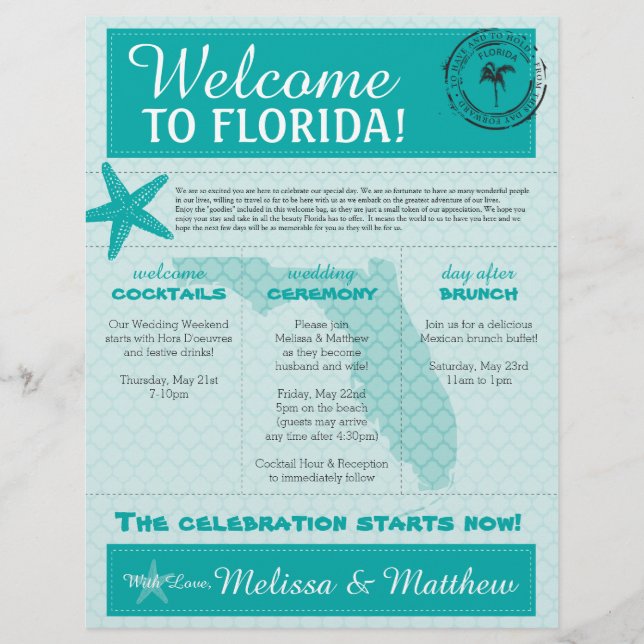Starfish Ocean Teal Florida Wedding Letter (Frente)