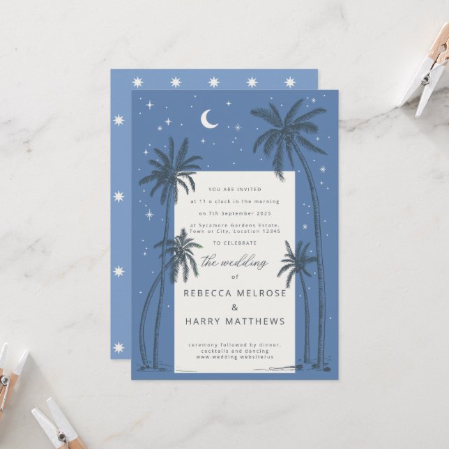Starry Blue Palm Trees Boho convite para o casamen (Frente/Verso In Situ)