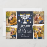 Starry Lights | Cartão de Colagem de Fotos Hanukka<br><div class="desc">O cartão com fotos Festivo Chanucá apresenta quatro fotos em um layout de colagem,  com "Hanukkah alegre" em letras brancas em um fundo azul marinho acentuado com uma menorah acesa e estrelas brancas,  azuis e douradas. Personalize com os seus nomes por baixo e adicione uma fotografia adicional ao verso.</div>