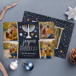 Starry Lights | Cartão de Colagem de Fotos Hanukka<br><div class="desc">O cartão com fotos Festivo Chanucá apresenta quatro fotos em um layout de colagem,  com "Hanukkah alegre" em letras brancas em um fundo azul marinho acentuado com uma menorah acesa e estrelas brancas,  azuis e douradas. Personalize com os seus nomes por baixo e adicione uma fotografia adicional ao verso.</div>