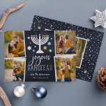 Starry Lights | Cartão de Colagem de Fotos Hanukka<br><div class="desc">O cartão com fotos Festivo Chanucá apresenta quatro fotos em um layout de colagem,  com "Hanukkah alegre" em letras brancas em um fundo azul marinho acentuado com uma menorah acesa e estrelas brancas,  azuis e douradas. Personalize com os seus nomes por baixo e adicione uma fotografia adicional ao verso.</div>