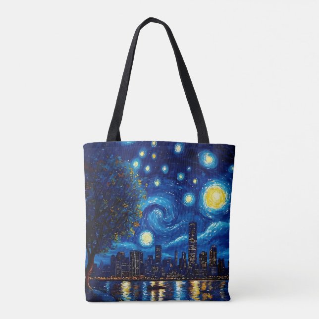 Starry Night Inspired Cityscape Tote Bag (Verso)